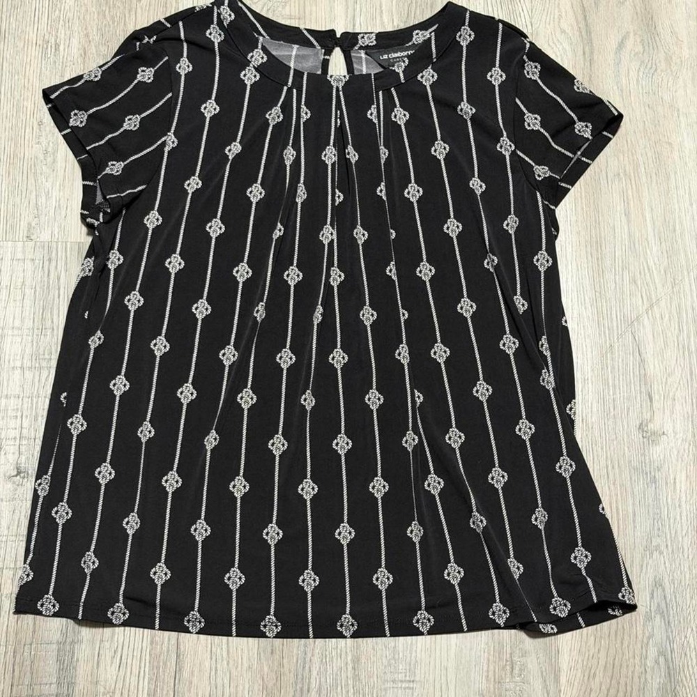 Liz Claiborne Career Black White Vertical Stripe Blouse Short Sleeve Top Large